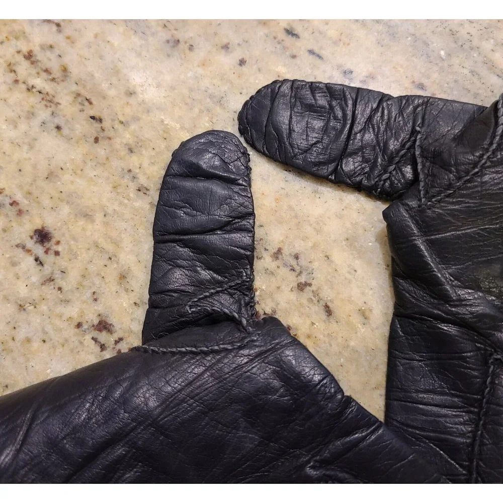 Vintage Size M 7 Black Leather And Knit Handmade Gloves Hammer Of Hollywood